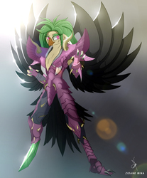 Size: 3115x3764 | Tagged: safe, artist:zidanemina, captain celaeno, anthro, g4, my little pony: the movie, alternate hairstyle, amputee, armor, crossover, high res, prosthetic limb, prosthetics, saint seiya, solo, wings