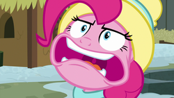Size: 1280x720 | Tagged: safe, screencap, pinkie pie, earth pony, pony, g4, my little pony best gift ever, close-up, faic, female, hat, mare, open mouth, solo