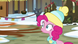 Size: 1280x720 | Tagged: safe, screencap, pinkie pie, earth pony, pony, g4, my little pony best gift ever, clothes, female, hat, mare, moss pile, scarf, solo, winter outfit