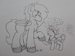 Size: 2576x1932 | Tagged: safe, artist:drheartdoodles, granny smith, oc, oc:dr.heart, clydesdale, pegasus, pony, g4, blushing, chest fluff, chibi, clothes, flirting, handshake, o3o, offscreen character, scarf, size difference, smiling, traditional art