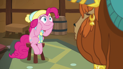 Size: 1280x720 | Tagged: safe, screencap, pinkie pie, prince rutherford, earth pony, pony, yak, g4, my little pony best gift ever, clothes, duo, ear piercing, earring, female, hat, jewelry, male, mare, piercing, scarf, stool, winter outfit