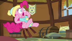 Size: 1280x720 | Tagged: safe, screencap, pinkie pie, earth pony, pony, g4, my little pony best gift ever, clothes, female, hat, mare, open mouth, scarf, solo, stool, surprised, winter outfit