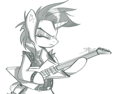 Size: 1280x964 | Tagged: safe, artist:danli69, rarity, pony, unicorn, g4, it isn't the mane thing about you, alternate hairstyle, clothes, eyes closed, female, guitar, mare, monochrome, punk, raripunk, signature, solo