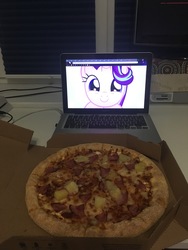 Size: 3024x4032 | Tagged: safe, starlight glimmer, g4, computer, food, ham, irl, laptop computer, meat, photo, pineapple pizza, pizza, that pony sure does love pineapple pizza, waifu dinner