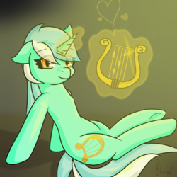 Size: 3000x3000 | Tagged: safe, artist:shinxx24, lyra heartstrings, pony, unicorn, g4, cutie mark, female, glowing horn, heart, high res, horn, levitation, looking at you, lyre, magic, mare, sitting, smiling, solo, telekinesis, underhoof