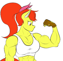 Size: 1085x1042 | Tagged: safe, artist:calm wind, artist:matchstickman, apple bloom, earth pony, anthro, matchstickman's apple brawn series, g4, abs, amazon, animated, apple brawn, biceps, breasts, busty apple bloom, clothes, female, flexing, frame by frame, gif, gloves, loop, muscles, older, older apple bloom, solo, sports bra