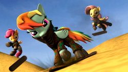 Size: 3840x2160 | Tagged: safe, artist:apexpredator923, fluttershy, rainbow dash, scootaloo, pegasus, pony, g4, 3d, clothes, dune, dunes, high res, sand, skateboard, skateboarding, source filmmaker