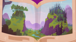 Size: 1440x810 | Tagged: safe, screencap, g4, the hooffields and mccolts, book, forest, illustration, mountain, no pony, open book, pine tree, river, smokey mountains, tree, valley