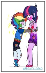 Size: 429x678 | Tagged: safe, artist:tylerdashart, rainbow dash, twilight sparkle, equestria girls, g4, bandaid, blushing, boots, clothes, converse, duo, female, height difference, lesbian, looking at each other, no nose, shaking, ship:twidash, shipping, shirt, shoes, shorts, simple background, skirt, smiling, smoldash, sneakers, sweat, white background, wristband