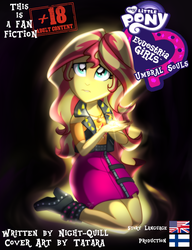 Size: 1024x1336 | Tagged: safe, artist:tatara94, sunset shimmer, fanfic:umbral souls, equestria girls, g4, my little pony equestria girls: better together, adult content warning, black background, commission, cover, cover art, equestria girls logo, fanfic art, geode of empathy, kneeling, looking up, magic glow, magical geodes, simple background, worried