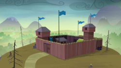 Size: 1440x810 | Tagged: safe, screencap, g4, the hooffields and mccolts, dead tree, flag, fort, fort mccolt, no pony, tree
