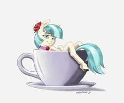 Size: 1300x1079 | Tagged: safe, artist:baron engel, coco pommel, earth pony, pony, g4, cup, cup of pony, female, mare, micro, pun, simple background, smiling, solo, teacup, visual pun, white background