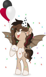Size: 1920x3189 | Tagged: safe, artist:cirillaq, oc, oc only, oc:ryolit, bat pony, pony, balloon, bipedal, confetti, female, hat, mare, party hat, simple background, solo, transparent background