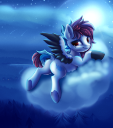 Size: 800x906 | Tagged: safe, artist:cabbage-arts, oc, oc only, oc:velocity, pegasus, pony, butt, cloud, commission, commissioner:hotzone, looking back, male, night, pegasus oc, plot, smiling, solo, stars, wings, ych result