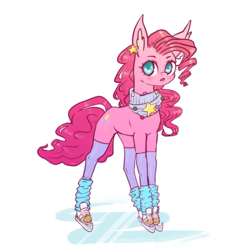 Size: 1200x1200 | Tagged: safe, artist:lunarlacepony, pinkie pie, earth pony, pony, g4, blushing, clothes, ear piercing, earring, female, ice, ice skates, ice skating, jewelry, leg warmers, mare, open mouth, piercing, scarf, socks, solo, stars, stockings, thigh highs