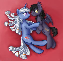 Size: 1613x1571 | Tagged: safe, artist:lunebat, oc, oc only, oc:alice snowstorm, oc:romuald nocturne, bat pony, pony, unicorn, bat pony oc, blushing, female, male, shipping, straight