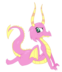 Size: 3336x3884 | Tagged: safe, artist:paskanaakka, derpibooru exclusive, scales (g4), dragon, g4, dragoness, fangs, female, high res, prone, simple background, smiling, solo, transparent background, vector