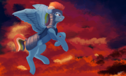 Size: 4887x2944 | Tagged: safe, artist:pucksterv, rainbow dash, pegasus, pony, g4, armor, cloud, cloudy, crying, female, flying, mare, red cloud, solo