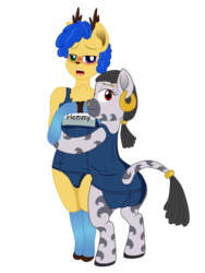 Size: 3000x4000 | Tagged: safe, artist:theonewithoutaname, oc, oc only, oc:desta, oc:hemmy, alpaca, zebra, 2019 community collab, derpibooru community collaboration, them's fightin' herds, alpaca oc, blushing, blushing profusely, butt, chest fluff, clothes, community related, crossdressing, ear piercing, earring, embarrassed, eyebrow piercing, female, filly, foal, heterochromia, horns, hug, jewelry, male, nose piercing, nose ring, offspring, open mouth, parent:blue, parent:paprika, piercing, plot, red eyes, school swimsuit, simple background, standing, swimsuit, tail, transparent background, zebra oc