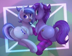 Size: 1280x994 | Tagged: safe, artist:toroitimu, oc, oc only, oc:cold front, oc:seafood dinner, bat pony, pony, unicorn, bat pony oc, bow, butt, butt freckles, clothes, female, freckles, hair bow, looking back, mare, plot, plot pair, smiling, socks, stockings, striped socks, thigh highs