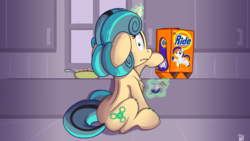 Size: 3840x2160 | Tagged: safe, artist:pirill, oc, oc only, oc:fidget, food pony, pony, female, high res, levitation, magic, sitting, solo, telekinesis, the ride never ends, tide, tide pods, tide pony