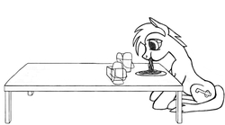 Size: 1285x716 | Tagged: safe, artist:dsb71013, oc, oc only, oc:night cap, pony, chinese food, eating, food, lineart, monochrome, solo, table