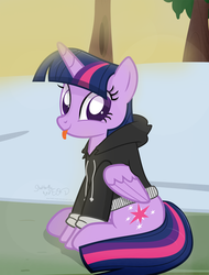 Size: 1847x2427 | Tagged: safe, artist:shutterflyeqd, twilight sparkle, alicorn, pony, :p, clothes, cute, female, hoodie, looking at you, mare, signature, silly, snow, solo, sweater, tongue out, tree, twiabetes, twilight sparkle (alicorn)