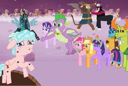 Size: 960x645 | Tagged: safe, artist:megasean45, applejack, cozy glow, lord tirek, pinkie pie, princess ember, queen chrysalis, scorpan, spike, starlight glimmer, thorax, twilight sparkle, alicorn, changedling, changeling, dragon, pony, g4, season 9, a better ending for cozy, battle of equestria, brothers, cringing, crying, element of honesty, element of laughter, element of magic, elements of harmony, excessive downvotes, fight, final battle, finale, holding out hand, king thorax, male, reformed, royal guard, seventh element, tears of joy, twilight sparkle (alicorn), winged spike, wings