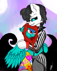 Size: 800x1000 | Tagged: safe, artist:timeatriy-time-lives, oc, oc:soundstrike, anthro, discorded whooves, female, jack skellington, male, sally skellington, straight, the nightmare before christmas