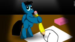 Size: 1920x1080 | Tagged: safe, artist:agkandphotomaker2000, oc, oc only, oc:pony video maker, pegasus, pony, bipedal, butt, drawing, drawing butts, eraser, male, paper, pencil, plot, solo