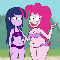 Size: 1200x1200 | Tagged: safe, artist:scobionicle99, pinkie pie, twilight sparkle, human, equestria girls, g4, bbw, belly button, bikini, breasts, chubby, chubby twilight, clothes, cute, duo, duo female, fat, female, open mouth, plump, pudgy pie, smiling, swimsuit