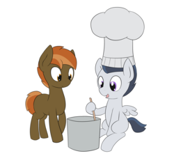 Size: 3000x2840 | Tagged: safe, artist:triplesevens, button mash, rumble, pony, g4, chef's hat, duo, foal, hat, high res, simple background, smiling
