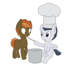 Size: 3000x2840 | Tagged: safe, artist:triplesevens, button mash, rumble, earth pony, pegasus, pony, g4, blushing, chef's hat, colt, feathered wings, foal, gay, hat, high res, looking at each other, male, open mouth, open smile, ship:rumblemash, shipping, simple background, sitting, smiling, spread wings, white background, wings