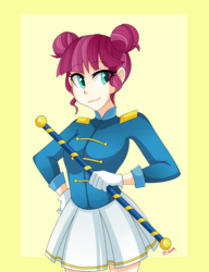 Size: 1280x1664 | Tagged: safe, artist:ridgessky, majorette, sweeten sour, equestria girls, g4, my little pony equestria girls: friendship games, abstract background, clothes, cute, female, hair bun, looking away, pleated skirt, skirt, smiling, solo