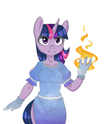 Size: 826x990 | Tagged: safe, artist:ridgessky, twilight sparkle, anthro, g4, clothes, female, fire, gloves, simple background, smiling, white background