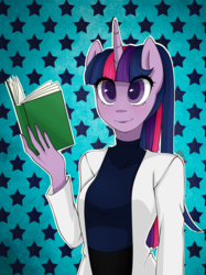 Size: 1280x1707 | Tagged: safe, artist:ridgessky, twilight sparkle, anthro, g4, abstract background, book, clothes, female, smiling, solo, stars