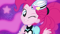 Size: 1921x1080 | Tagged: safe, screencap, pinkie pie, coinky-dink world, equestria girls, g4, my little pony equestria girls: summertime shorts, happy, one eye closed, server pinkie pie, smiling, solo, wink