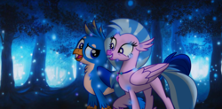 Size: 6467x3170 | Tagged: safe, artist:ejlightning007arts, gallus, silverstream, classical hippogriff, firefly (insect), griffon, hippogriff, g4, blue background, fanfic art, female, forest, male, romantic, ship:gallstream, shipping, simple background, straight, textless