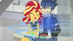Size: 1921x1080 | Tagged: safe, screencap, flash sentry, sunset shimmer, equestria girls, g4, good vibes, my little pony equestria girls: summertime shorts, duo, female, happy, male, one eye closed, shipping fuel, smiling, sunset sushi