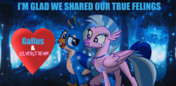 Size: 6467x3170 | Tagged: safe, artist:ejlightning007arts, gallus, silverstream, classical hippogriff, firefly (insect), griffon, hippogriff, g4, blue background, fanfic art, female, forest, heart, male, romantic, ship:gallstream, shipping, simple background, straight, text