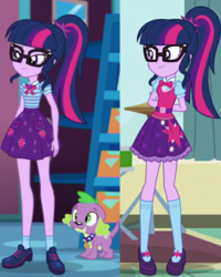 Size: 1080x1350 | Tagged: safe, screencap, sci-twi, spike, spike the regular dog, twilight sparkle, dog, a fine line, equestria girls, equestria girls specials, g4, my little pony equestria girls: better together, my little pony equestria girls: dance magic, comparison, geode of telekinesis, glasses, magical geodes, ponytail, sci-twi outfits