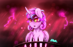 Size: 2494x1626 | Tagged: safe, artist:aaa-its-spook, princess flurry heart, alicorn, pony, g4, adult, black clouds, cloud, dark magic, edgy, evil, evil flurry heart, fangs, female, flurry heart ruins everything, lightning, lipstick, magic, meme, rain, red sky, solo, sombra eyes, storm