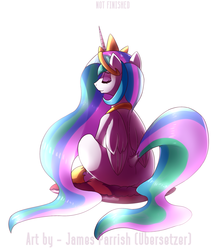 Size: 1584x1816 | Tagged: safe, artist:quefortia, princess celestia, alicorn, pony, g4, butt, eyes closed, female, mare, plot, simple background, sitting, smiling, solo, white background