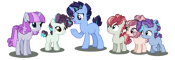 Size: 2830x977 | Tagged: safe, artist:vintage-owll, oc, oc only, earth pony, pony, unicorn, colt, female, filly, male, mare, offspring, parent:coloratura, parent:limelight, parent:svengallop, simple background, transparent background