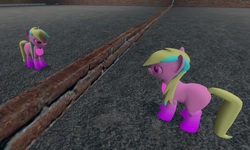 Size: 1501x900 | Tagged: safe, derpibooru exclusive, oc, oc only, pony, 3d, blonde, female, filly, gmod, looking at self, mirror, pink eyes, reflection, two toned mane