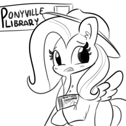 Size: 1280x1280 | Tagged: safe, artist:tjpones, fluttershy, pegasus, pony, g4, book, clothes, coat, female, hat, mare, monochrome, national geographic, pervert, sketch, spread wings, wingboner, wings, zeeb