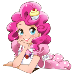 Size: 800x829 | Tagged: safe, artist:nekoshiei, pinkie pie, human, g4, apron, blushing, clothes, cupcake, cute, diapinkes, dress, female, food, humanized, leaning, leaning forward, looking at you, prehensile mane, simple background, solo, transparent background