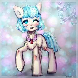 Size: 2000x2000 | Tagged: safe, artist:zefirka, coco pommel, earth pony, pony, g4, female, high res, mare, one eye closed, smiling, solo