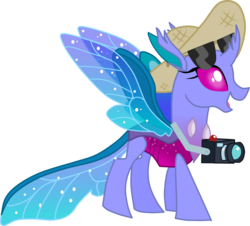 Size: 2918x2635 | Tagged: safe, artist:shadymeadow, oc, oc only, oc:swarmdra, changedling, changeling, camera, female, hat, high res, simple background, solo, sunglasses, transparent background