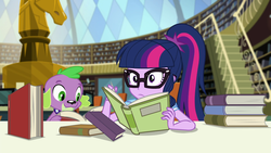 Size: 1920x1080 | Tagged: safe, screencap, sci-twi, spike, spike the regular dog, twilight sparkle, dog, equestria girls, equestria girls specials, g4, my little pony equestria girls: better together, my little pony equestria girls: forgotten friendship, book, library, looking at you